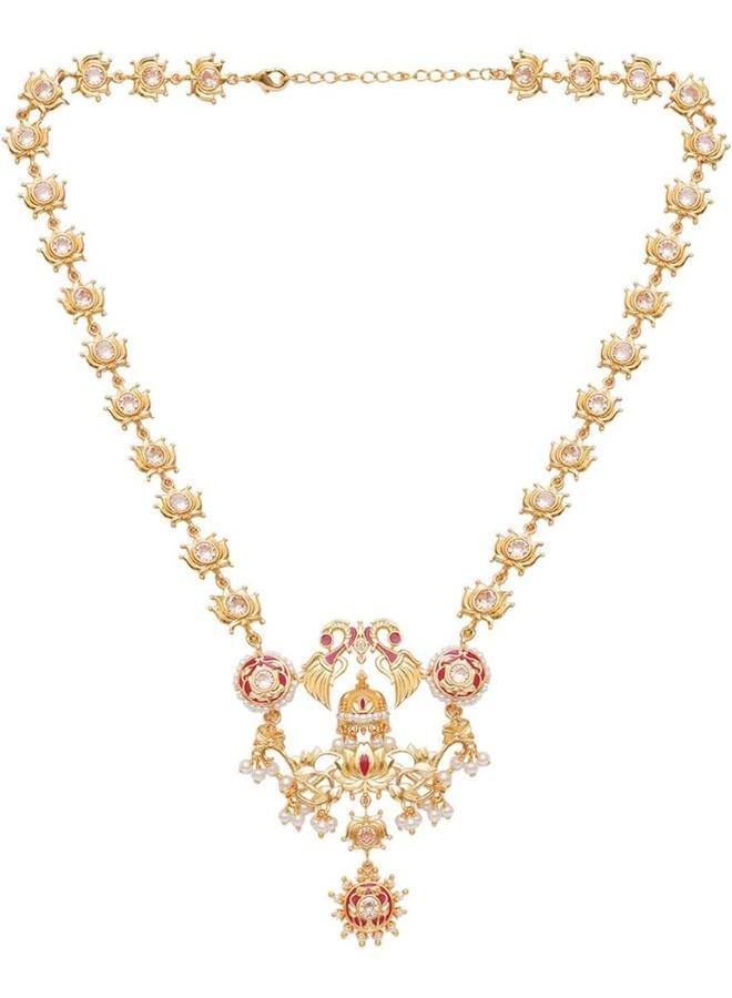 VOYLLA Apsara Peacock and Lotus Design Enamelled Necklace Set, Onesize, Brass, No Gemstone - Image 4