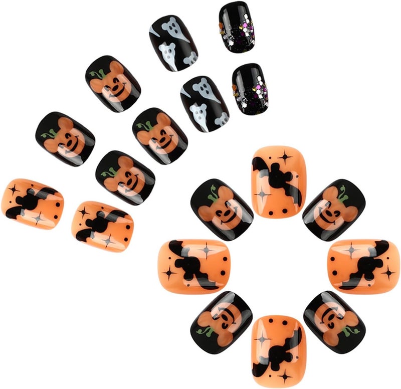WULIUFLY Carefully selected material 24Pcs Short Press on Nails Halloween Fake Nails Oval Orange Black Glue on Nails Cute False Nails Full Cover Ghost Bat Acrylic Nails Design Short Nails Press ons Halloween Nails Artificial Nails Kit Transit damage minimized design - Image 4