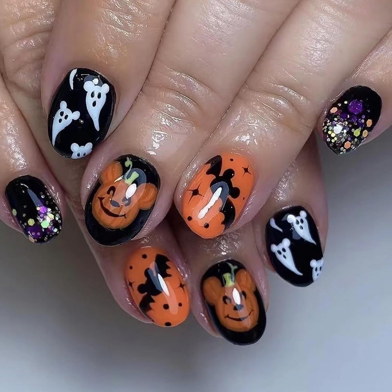 WULIUFLY Carefully selected material 24Pcs Short Press on Nails Halloween Fake Nails Oval Orange Black Glue on Nails Cute False Nails Full Cover Ghost Bat Acrylic Nails Design Short Nails Press ons Halloween Nails Artificial Nails Kit Transit damage minimized design - Image 1