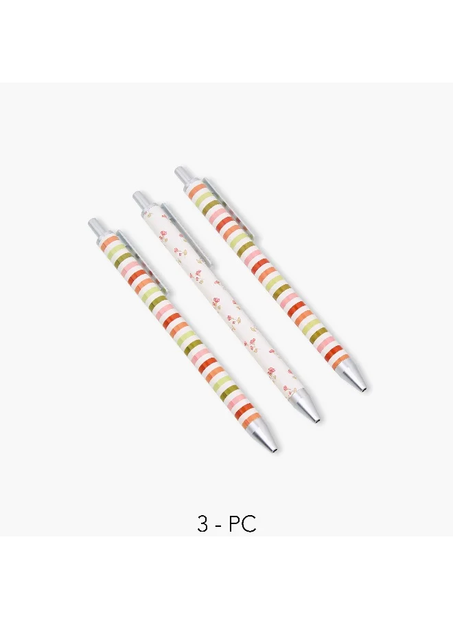 LIFESTYLE Pen Set-Plastic Ball Pens-Set Of 3-Stripe And Floral Print- (Plastic&Paper) Pink \ 18.3X6.5X1.5
