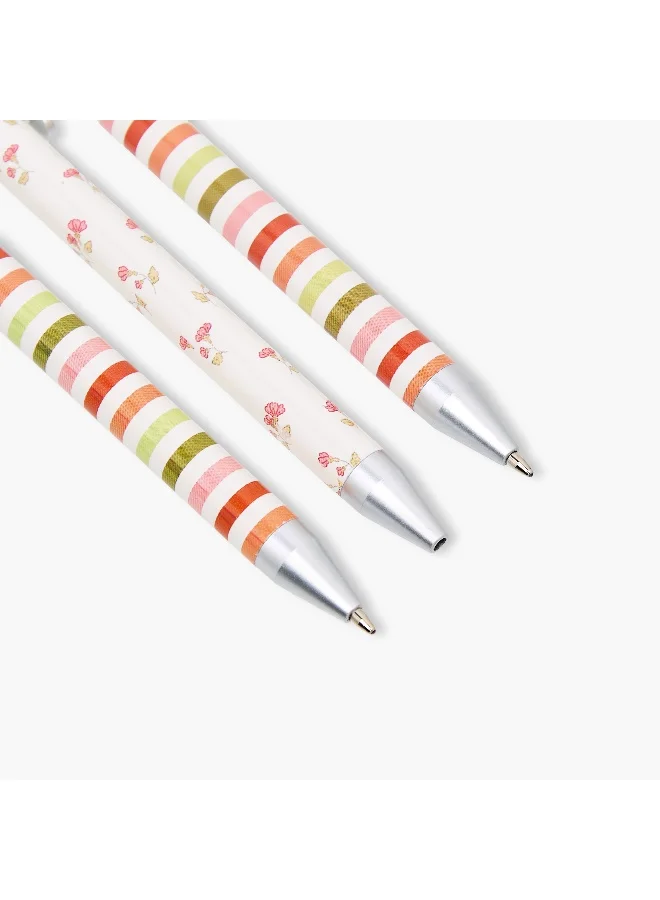 LIFESTYLE Pen Set-Plastic Ball Pens-Set Of 3-Stripe And Floral Print- (Plastic&Paper) Pink \ 18.3X6.5X1.5