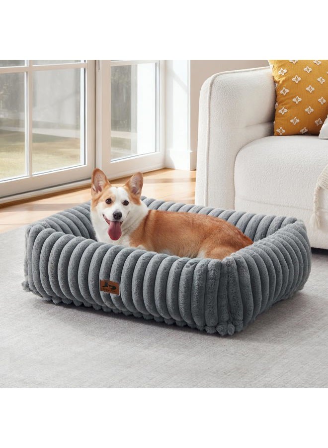 Warmrest Orthopedic Dog Bed for Small Medium Dogs - Washable Rectangle Corduroy Fleece Pet Bed with Removable Cover and Nonskid Bottom, Calming Puppy Bed Soft Pet Sofa, Grey(30x24x8inchs) - Image 1
