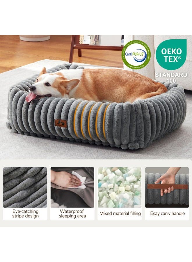 Warmrest Orthopedic Dog Bed for Small Medium Dogs - Washable Rectangle Corduroy Fleece Pet Bed with Removable Cover and Nonskid Bottom, Calming Puppy Bed Soft Pet Sofa, Grey(30x24x8inchs) - Image 2