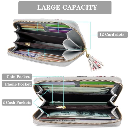 Coco Rossi Women Wallets Multi Card Case Wallet Clutch Wallet Card Holder Organizer Ladies Purse Floral Tassel Wrist strap Purse,Grey Flowers - Image 3