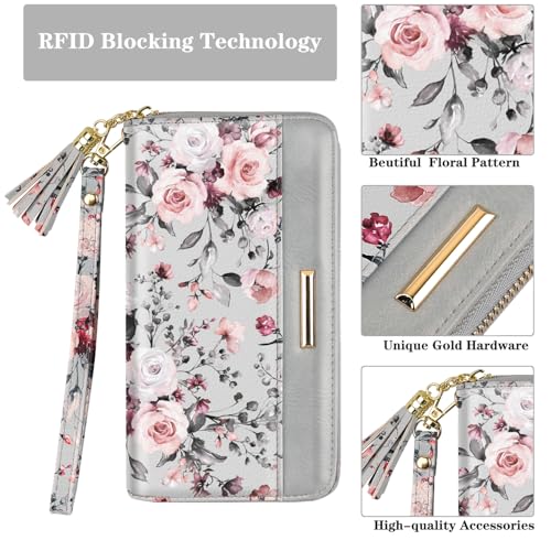 Coco Rossi Women Wallets Multi Card Case Wallet Clutch Wallet Card Holder Organizer Ladies Purse Floral Tassel Wrist strap Purse,Grey Flowers - Image 2