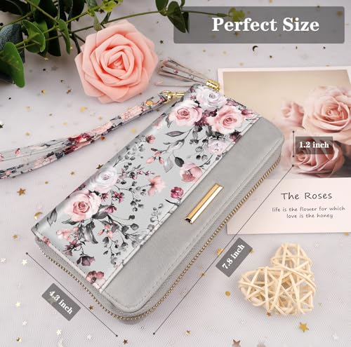 Coco Rossi Women Wallets Multi Card Case Wallet Clutch Wallet Card Holder Organizer Ladies Purse Floral Tassel Wrist strap Purse,Grey Flowers - Image 4