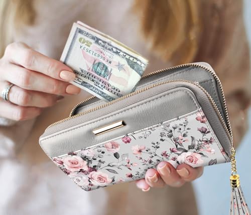 Coco Rossi Women Wallets Multi Card Case Wallet Clutch Wallet Card Holder Organizer Ladies Purse Floral Tassel Wrist strap Purse,Grey Flowers - Image 5