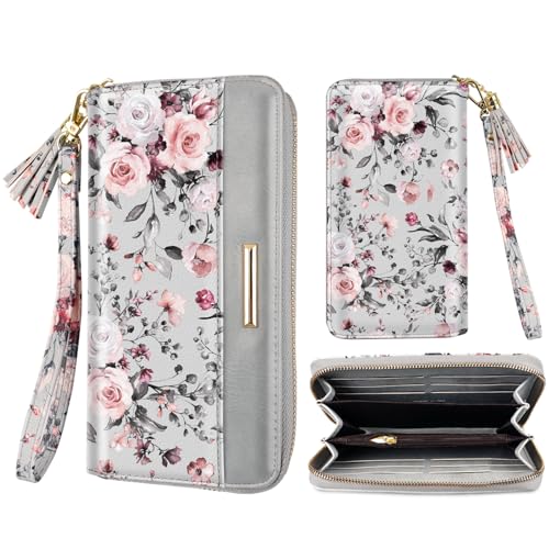 Coco Rossi Women Wallets Multi Card Case Wallet Clutch Wallet Card Holder Organizer Ladies Purse Floral Tassel Wrist strap Purse,Grey Flowers - Image 1