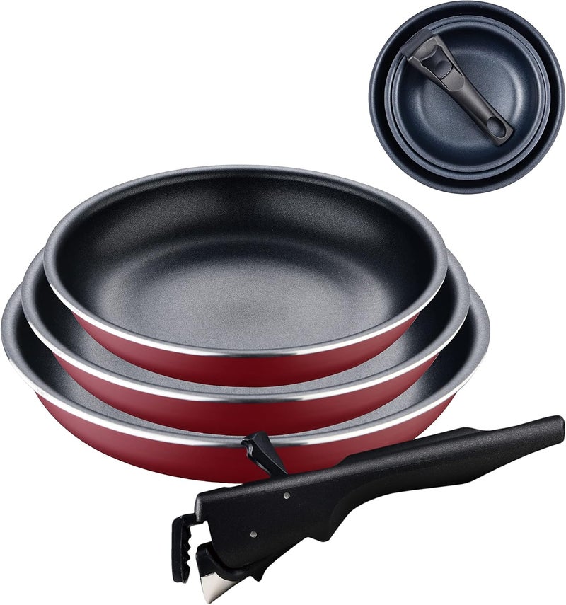CLICK&COOK الإصدار الأحمر | مجموعة مقالي 3 قطع 18 و 20 و 24 سم مع مقبض قابل للإزالة - Image 1