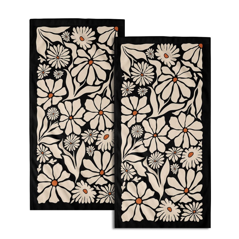 Giwawa Black Daisy Hand Towels Set of 2 Boho Floral Decorative Absorbent Fingertip Towels Soft Kitchen Tea Dish Towels for Bathroom Home Gym Spa - Image 1