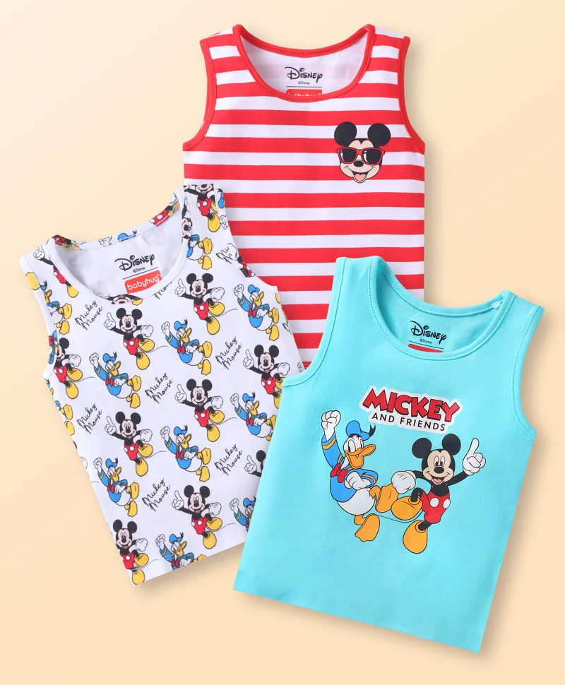 Babyhug Disney Babyhug Disney Single Jersey Knit Sleeveless Vests With Mickey Mouse Graphics Pack of 3 - Aqua Blue Red & White