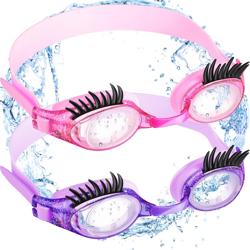 Konohan 2 Pieces Kids Swim Goggles Eyelashes Girls Funny Swim Goggle No Slip Leak Anti Fog UV Glasses for Lash Extensions(Purple, Dark Pink) - Image 1