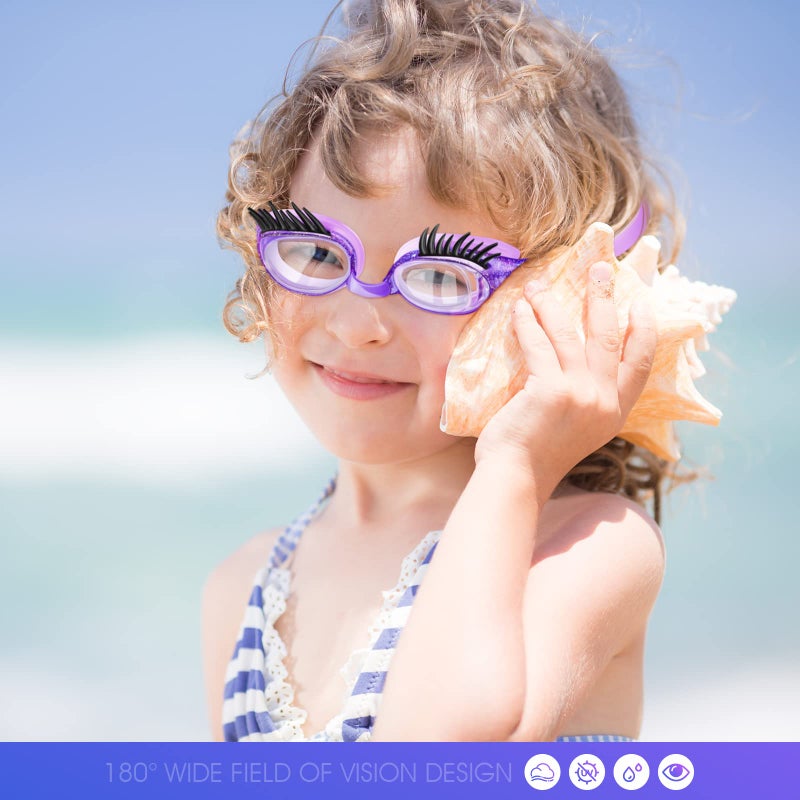 Konohan 2 Pieces Kids Swim Goggles Eyelashes Girls Funny Swim Goggle No Slip Leak Anti Fog UV Glasses for Lash Extensions(Purple, Dark Pink) - Image 5