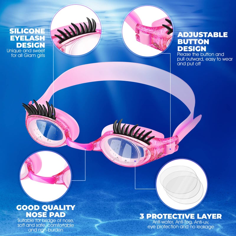 Konohan 2 Pieces Kids Swim Goggles Eyelashes Girls Funny Swim Goggle No Slip Leak Anti Fog UV Glasses for Lash Extensions(Purple, Dark Pink) - Image 3