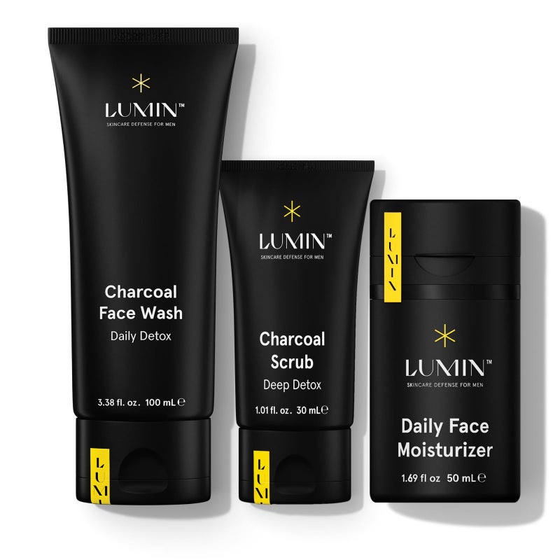 Lumin - Smooth Operator Detox - Men's skincare kit, Includes: Charcoal Face Wash Daily Detox, Charcoal Scrub Deep Detox & Daily Face Moisturizer, Suitable for all skin types, Two Month Supply - Image 1