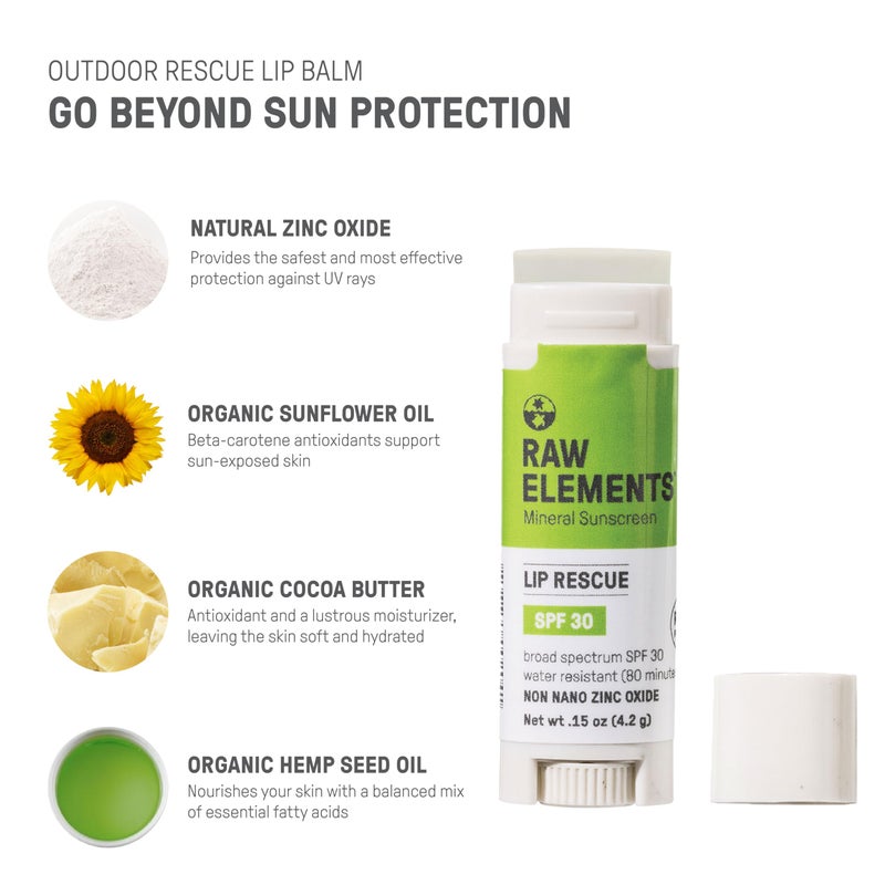 Raw Elements Organic Outdoor Sunscreen Lip Balm Rescue - SPF 30, UVA-UVB Protection, Reef-Safe, Non-Nano Zinc, Water Resistant, 0.15 oz (Pack of 1) - Image 5