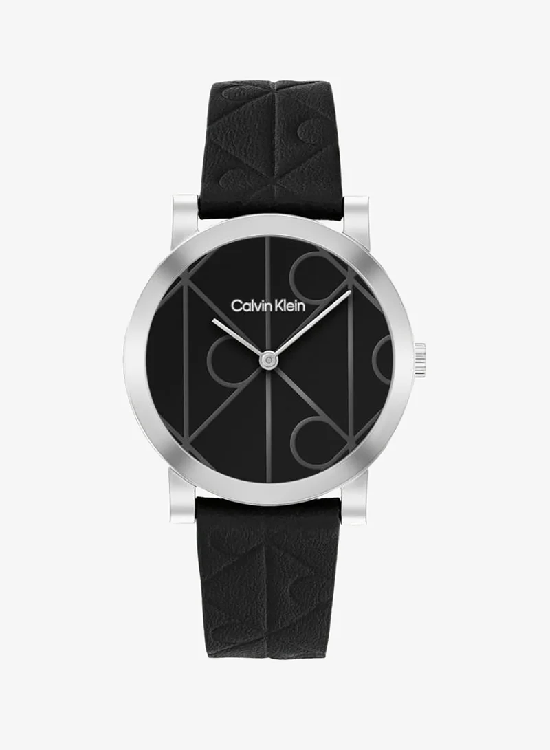 CALVIN KLEIN 2-Hand CK Monogram Collection Quartz Movement Watch For Women With BlaCK Leather Strap - 25100128
