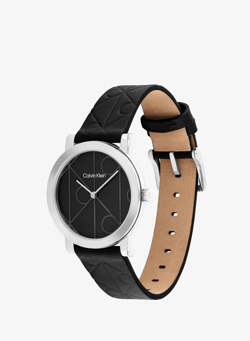 CALVIN KLEIN 2-Hand CK Monogram Collection Quartz Movement Watch For Women With BlaCK Leather Strap - 25100128