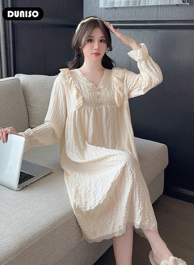 DUNISO Women's Long Sleeve Nightgown, Soft Comfortable Cotton Sleepwear Dress for Pregnant Woman, V Neck Home Wear with Lace Edge, Lounge Dress for Can Be Worn Outside - Image 5