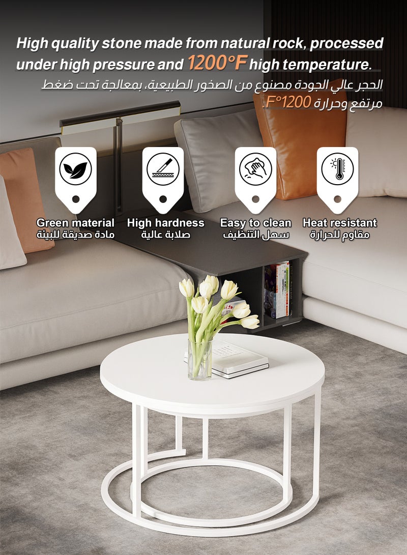 ULHYC Round Nesting Coffee Tables, Tea Drinking Tables, Modern Decorative Coffee Center Tables, Set of Two, Coffee Tables for Living Room With Sturdy Metal Frame, White 60 cm and 80 cm - Image 5