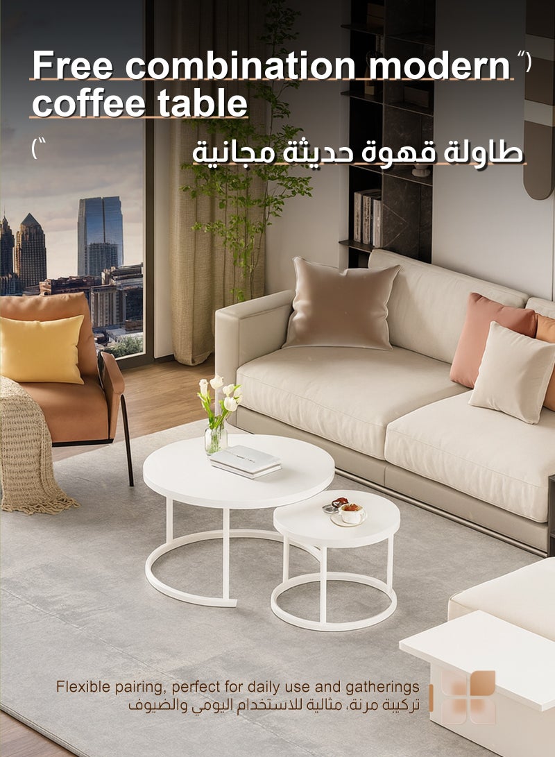 ULHYC Round Nesting Coffee Tables, Tea Drinking Tables, Modern Decorative Coffee Center Tables, Set of Two, Coffee Tables for Living Room With Sturdy Metal Frame, White 60 cm and 80 cm - Image 3