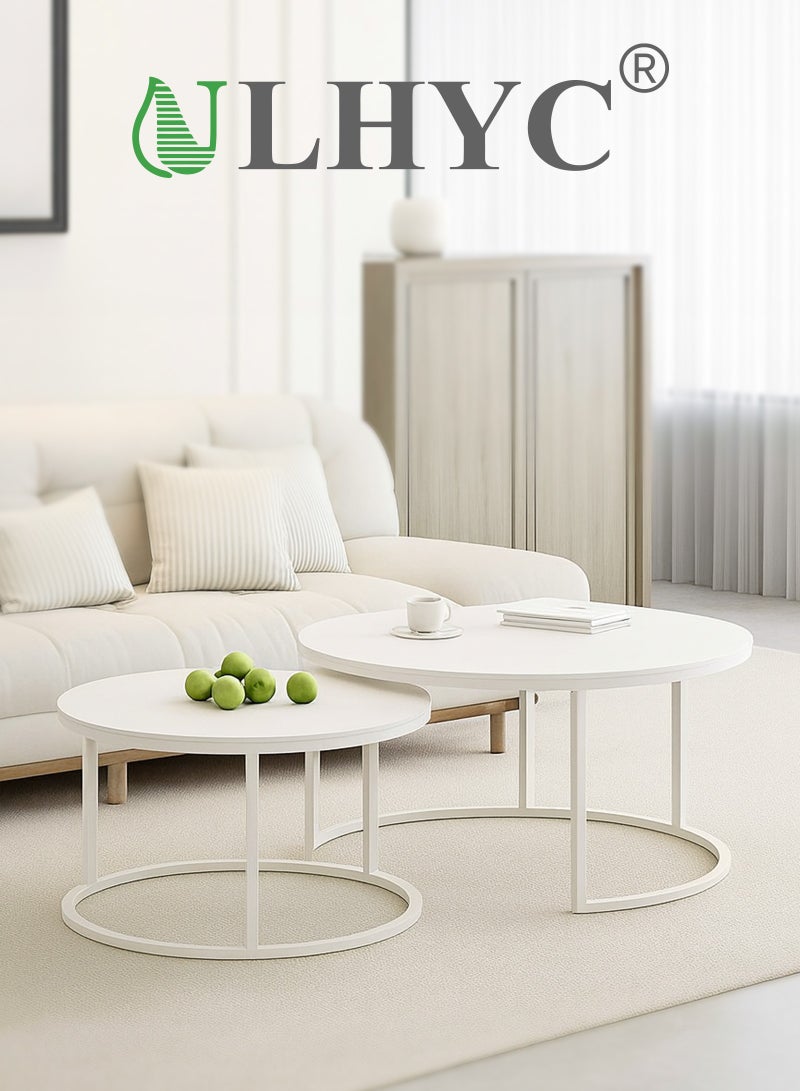ULHYC Round Nesting Coffee Tables, Tea Drinking Tables, Modern Decorative Coffee Center Tables, Set of Two, Coffee Tables for Living Room With Sturdy Metal Frame, White 60 cm and 80 cm - Image 1