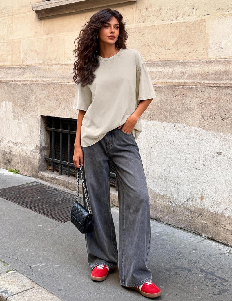 PEHMEA 3 Pcs Women's Oversized T-Shirts Cotton Short Sleeve Vintage Washed Baggy Boyfriend Streetwear Summer Tops(Black+Beige+ArmyGreen-3XL) - Image 5