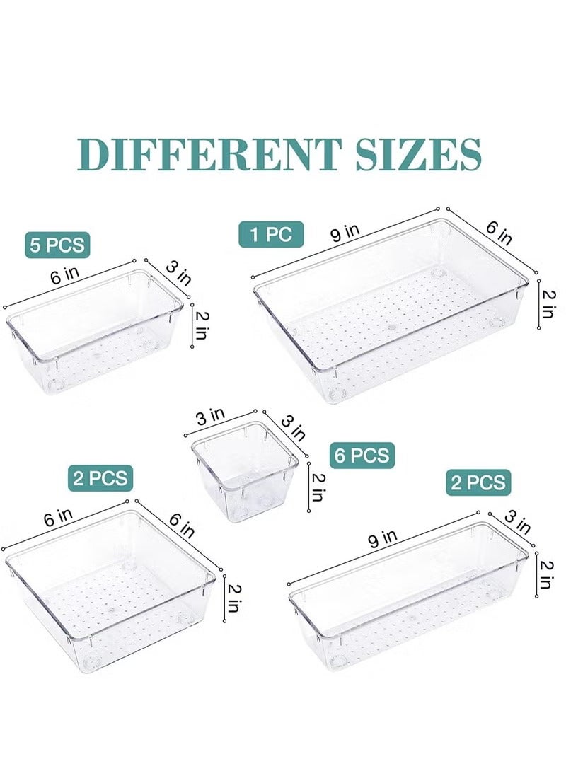 ULHYC Clear Plastic Desk Drawer Organizers Trays Set 16 Pcs Storage Bins Bathroom Vanity Dividers for Bedroom Dresser Makeup Kitchen Utensil Office Everyday Use - Image 2