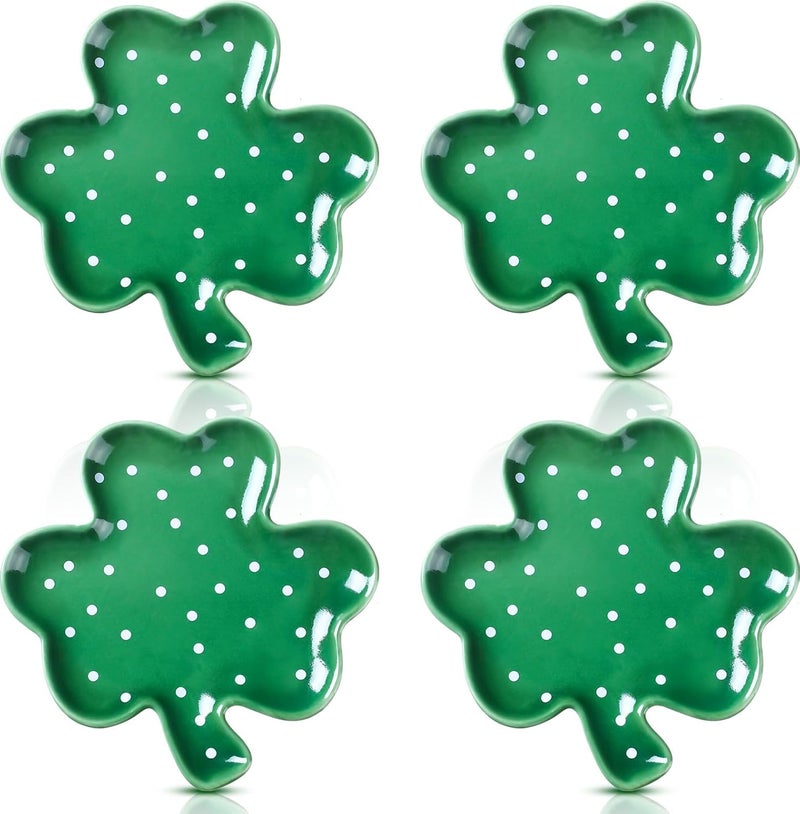 FillTouch 4 Pcs 591 St Patricks Day Ceramic Shamrock Plates Candy Dish Clover Serving Platters Green Shamrock Dessert Plates Irish Trays Bowls for St Patricks Day Party Dinner - Image 1