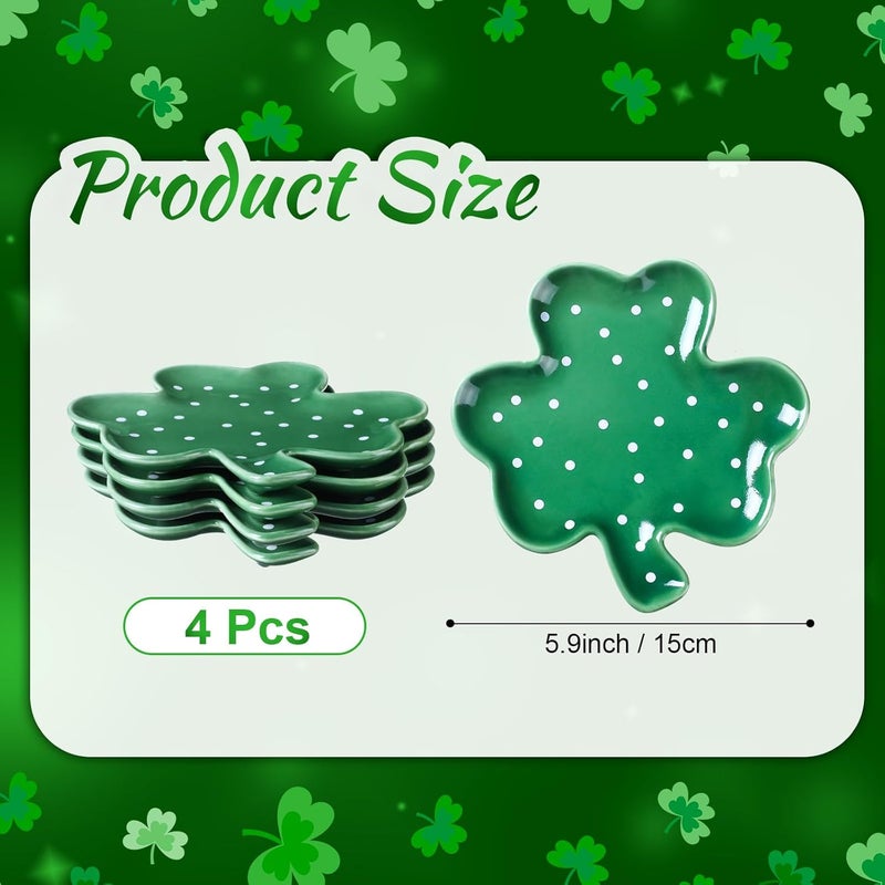 FillTouch 4 Pcs 591 St Patricks Day Ceramic Shamrock Plates Candy Dish Clover Serving Platters Green Shamrock Dessert Plates Irish Trays Bowls for St Patricks Day Party Dinner - Image 3