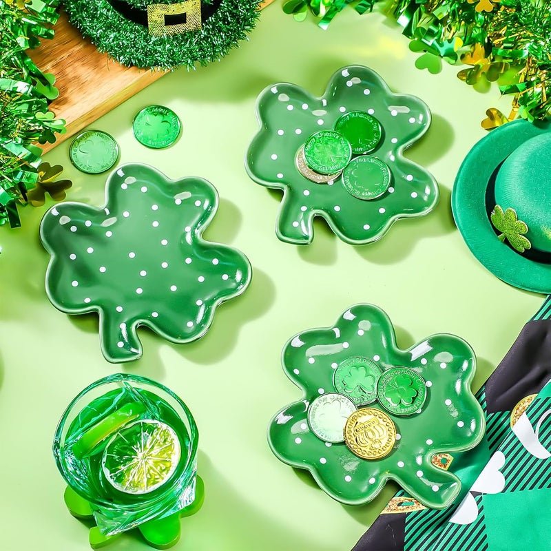 FillTouch 4 Pcs 591 St Patricks Day Ceramic Shamrock Plates Candy Dish Clover Serving Platters Green Shamrock Dessert Plates Irish Trays Bowls for St Patricks Day Party Dinner - Image 2