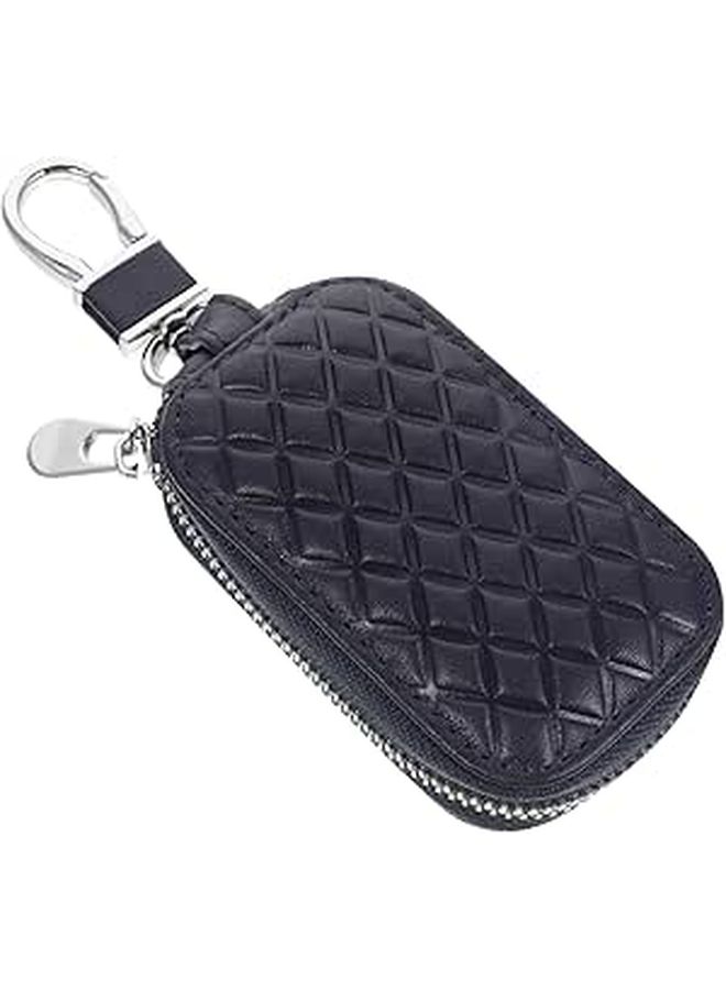 Genuine Leather Car Key Fob Zipper Case Full Protection Universal Key Accessory Dark Blue - Image 1