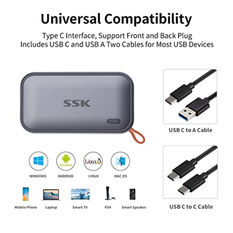 SSK 250GB Portable SSD External Solid State Hard Drive USB C Up to 1050MB s 10Gbps USB SSD External 4K HDR ProRes LED USBA+C Cable SMART TRIM OTG Wide Compatible for iphone 15 16 17Pro - Image 4