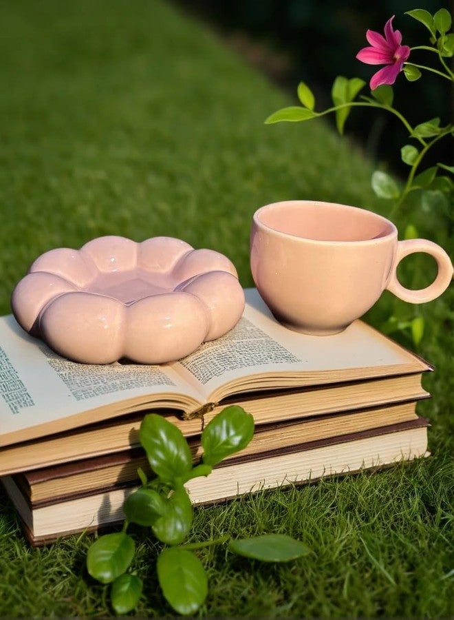 FARIYA Handcrafted Ceramic Cup and Saucer Set - Sunflower Bloom Design, Pink, 350ml - Microwave & Dishwasher Safe, Scratch & Break Resistant - Image 2