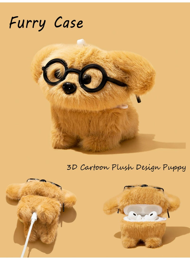 HaDoii Furry Case for AirPods Pro3 Funny Cute 3D Cartoon Plush Design Puppy with Glasses Soft Warm Fluffy Cover with Keychain Kawaii Anti-Fall Protective Case Women Girls - Image 1