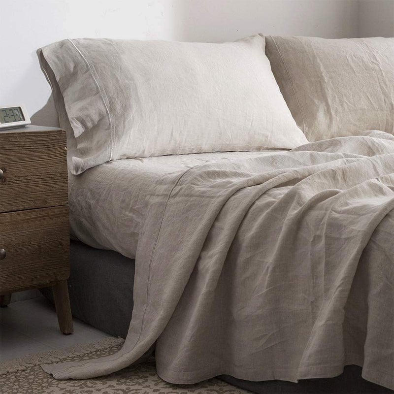 Simple&Opulence 100% Pure Linen Sheet Set King Size, Natural French Flax Solid Color 4 Pcs Washed Breathable, Farmhouse Bedding (1 Flat Sheet,1 Fitted Sheet,2 Pillowcases)-Embroidery Linen - Image 1