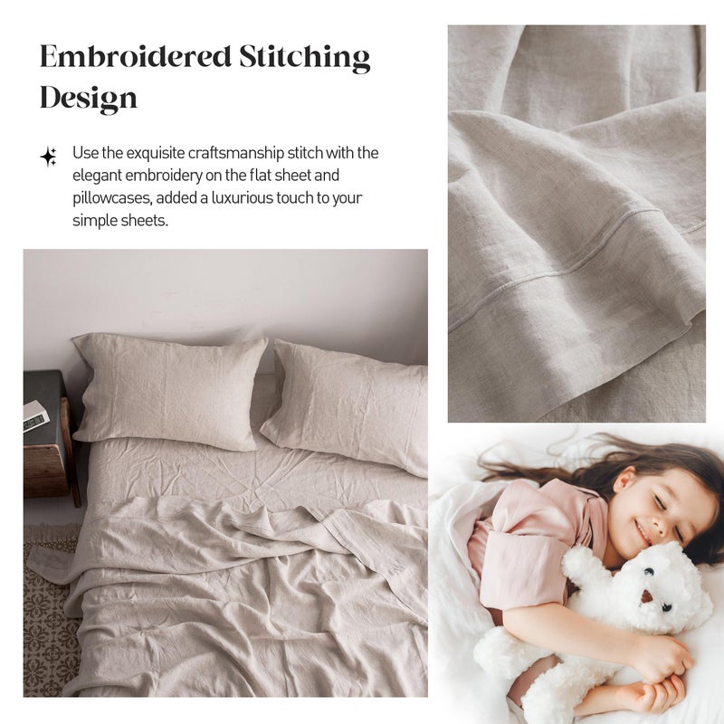 Simple&Opulence 100% Pure Linen Sheet Set King Size, Natural French Flax Solid Color 4 Pcs Washed Breathable, Farmhouse Bedding (1 Flat Sheet,1 Fitted Sheet,2 Pillowcases)-Embroidery Linen - Image 5