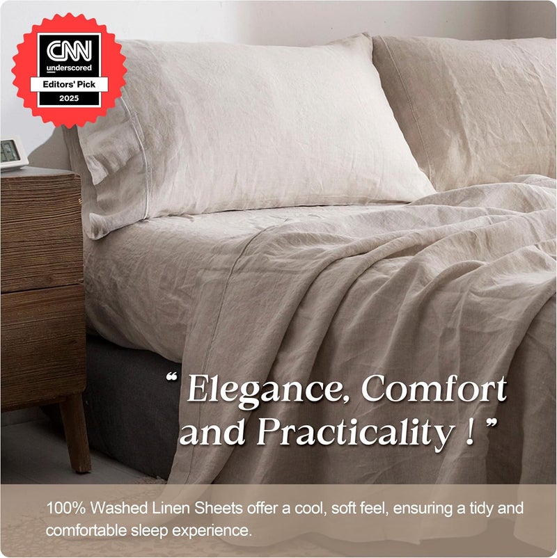 Simple&Opulence 100% Pure Linen Sheet Set King Size, Natural French Flax Solid Color 4 Pcs Washed Breathable, Farmhouse Bedding (1 Flat Sheet,1 Fitted Sheet,2 Pillowcases)-Embroidery Linen - Image 4