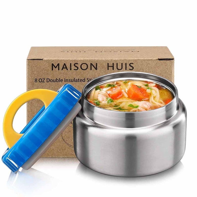 MAISON HUIS 8oz Soup Thermo Wide Mouth Vacuum Insulated Food Jar  Leak Proof Stainless Steel Food Thermo for Hot&Cold Food Kids Food Lunch Container for School Travel(Blue)