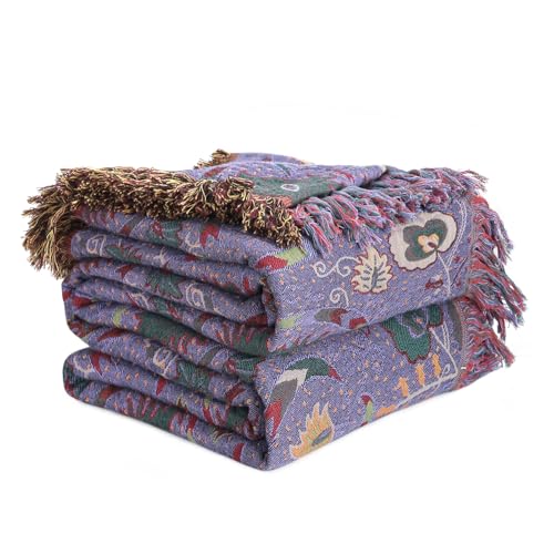 LUTBM Boho Throw Blanket for Bed 100% Cotton Ultra Soft Rustic Quilt Farmhouse Decor Bed Fall Blanket,All Season Rustic Throw for Sofa Couch Chair (Flower-Purple, 60"×80") - Image 1