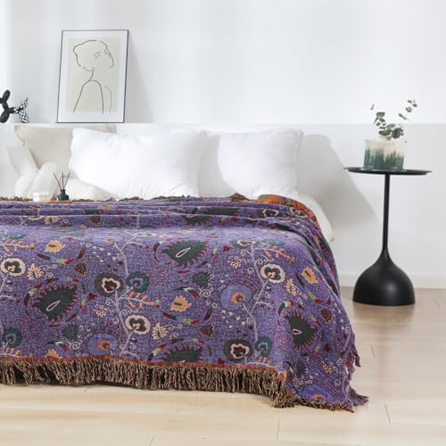 LUTBM Boho Throw Blanket for Bed 100% Cotton Ultra Soft Rustic Quilt Farmhouse Decor Bed Fall Blanket,All Season Rustic Throw for Sofa Couch Chair (Flower-Purple, 60"×80") - Image 4