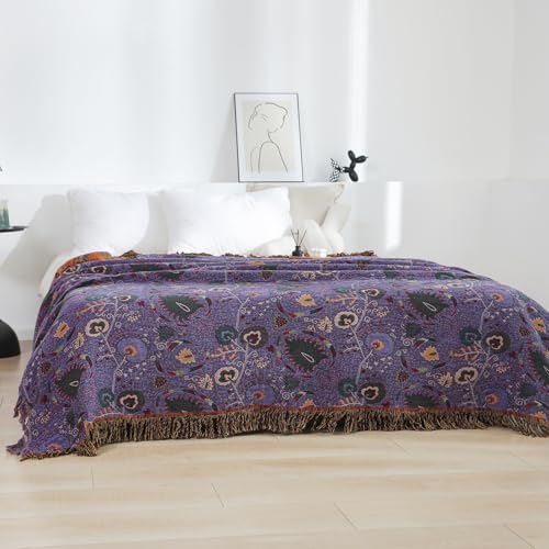 LUTBM Boho Throw Blanket for Bed 100% Cotton Ultra Soft Rustic Quilt Farmhouse Decor Bed Fall Blanket,All Season Rustic Throw for Sofa Couch Chair (Flower-Purple, 60"×80") - Image 5