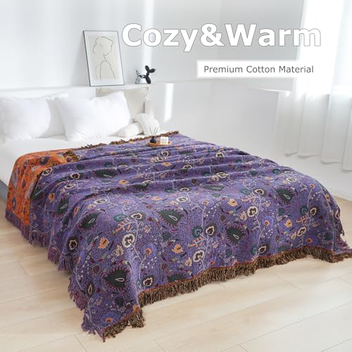 LUTBM Boho Throw Blanket for Bed 100% Cotton Ultra Soft Rustic Quilt Farmhouse Decor Bed Fall Blanket,All Season Rustic Throw for Sofa Couch Chair (Flower-Purple, 60"×80") - Image 2