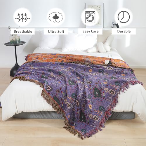 LUTBM Boho Throw Blanket for Bed 100% Cotton Ultra Soft Rustic Quilt Farmhouse Decor Bed Fall Blanket,All Season Rustic Throw for Sofa Couch Chair (Flower-Purple, 60"×80") - Image 3