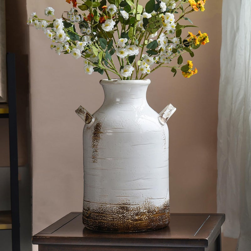 Quoowiit Ceramic Rustic Farmhouse Vase, 14 Inch Distressed Decorative Flower Vase for Home Decor, Large White Vase for Living Room Bedroom Kitchen Office Decor Centerpiece Table Decorations - Image 1