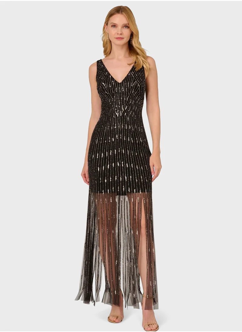 Adrianna Papell V-Neck Mesh Dress