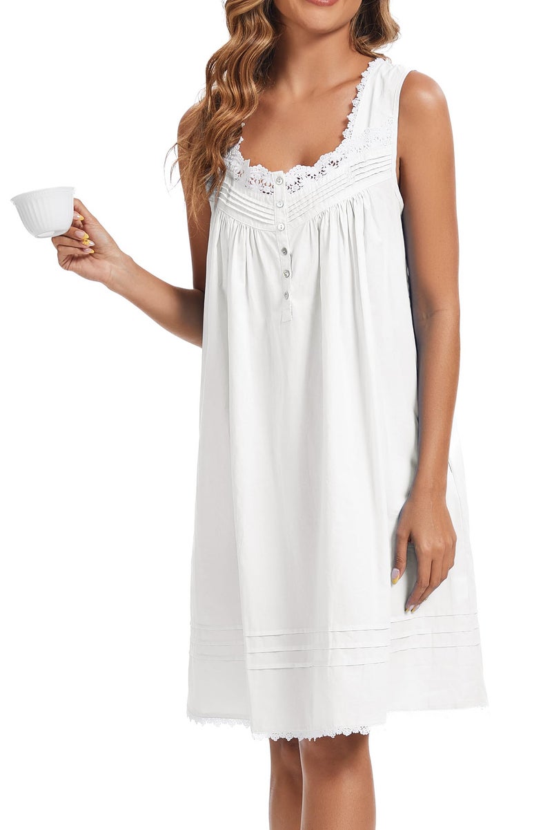 AVIIER 100% Cotton Nightgowns for Women Sleeveless Night Gown with Pockets White S - Image 3