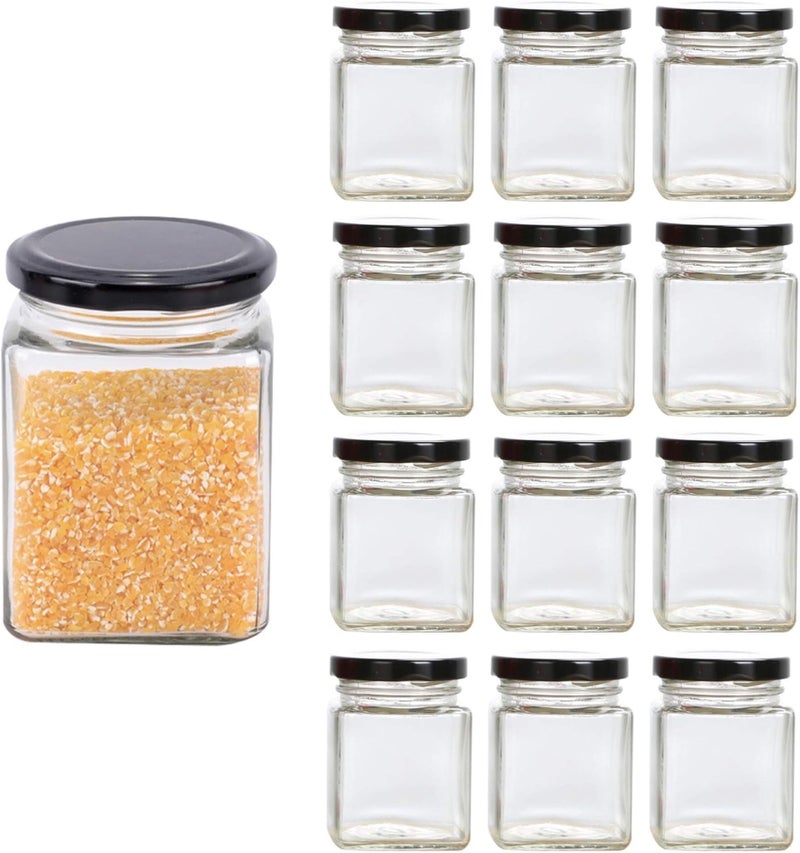 FUFU Light durable upgraded substance square jar with black sealed metal regular lid (4oz/100ml), sealed transparent glass jar, used as dessert, coffee beans, seasoning, honey, jam, jelly, total 12 jars (100ML) One piece build - Image 1