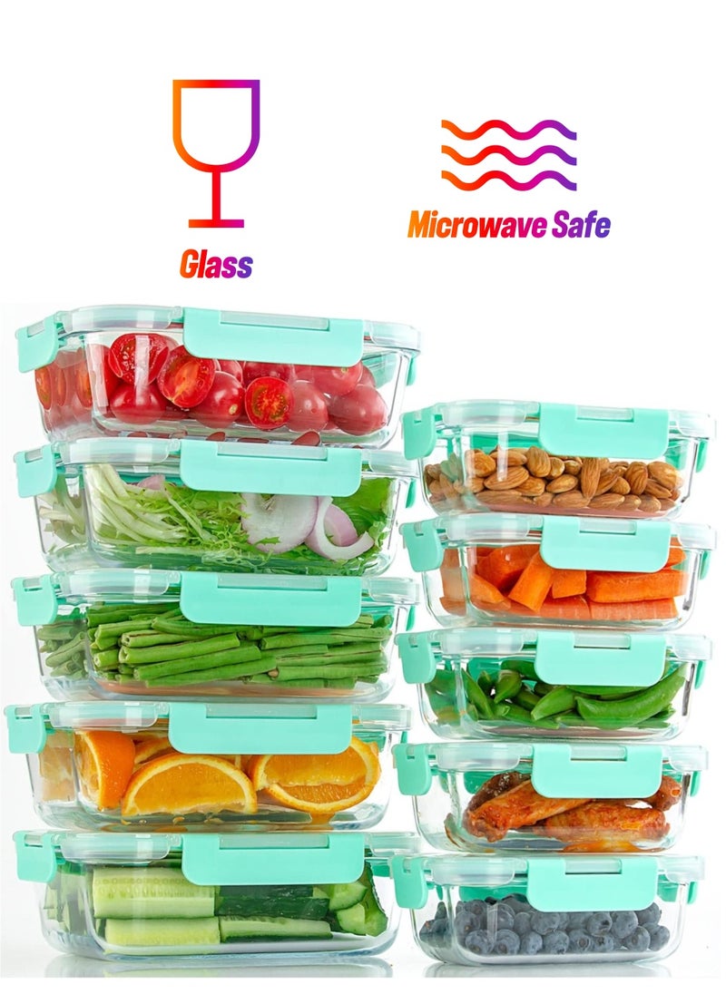 TYCOM Glass Meal Prep Containers (10 pcs Rectangle) - Glass Food Storage Containers with Lids, Glass Lunch Box, Portion Control, Airtight, Glass Bento Box Lunch Containers- 10P Rectangle Light Blue  - Image 1