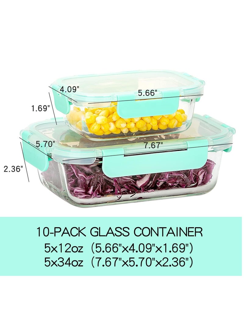 TYCOM Glass Meal Prep Containers (10 pcs Rectangle) - Glass Food Storage Containers with Lids, Glass Lunch Box, Portion Control, Airtight, Glass Bento Box Lunch Containers- 10P Rectangle Light Blue  - Image 2